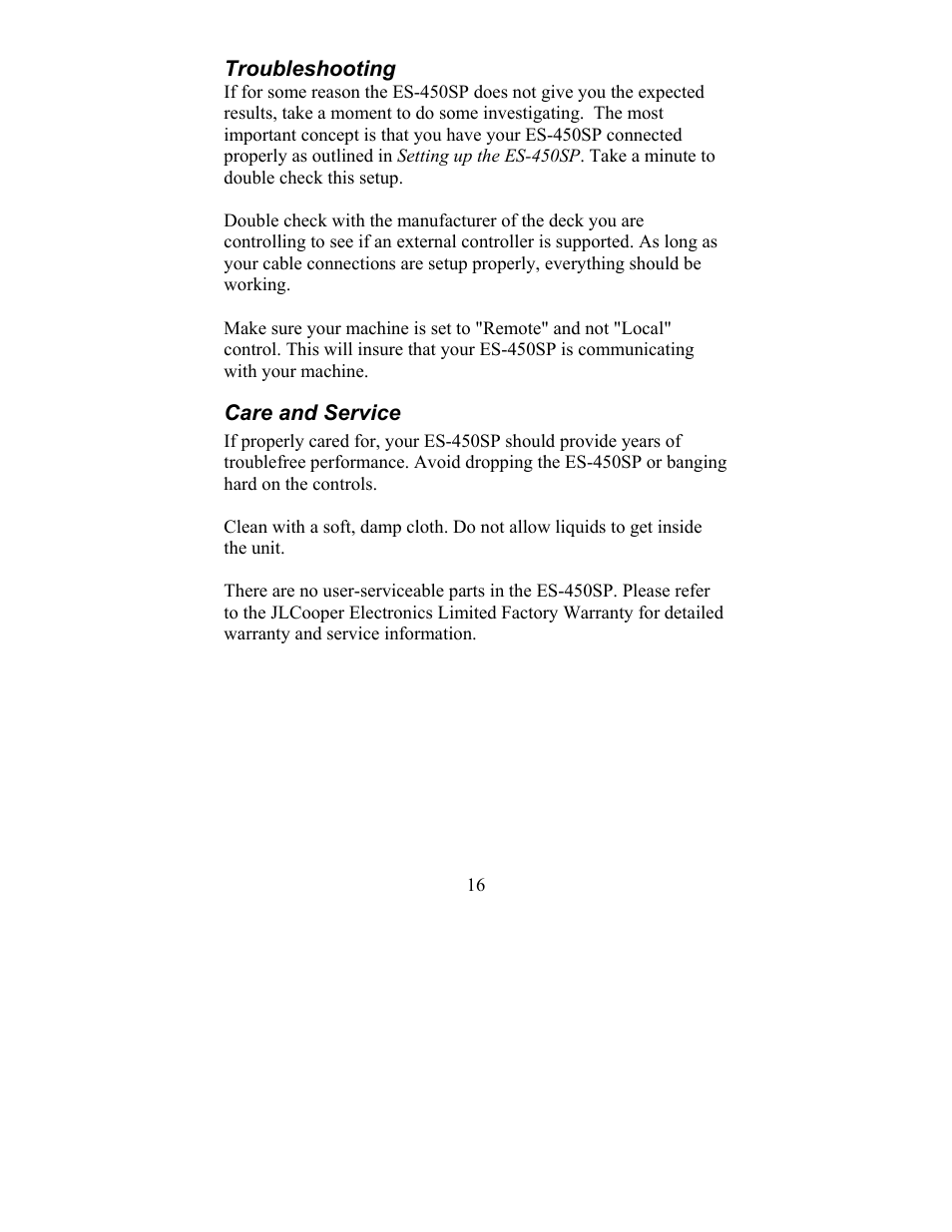 Care and service | JLCooper ES-450SP User Manual | Page 16 / 17