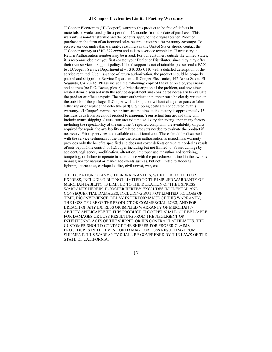 Jlcooper electronics limited factory warranty | JLCooper ES-450SP User Manual | Page 17 / 17