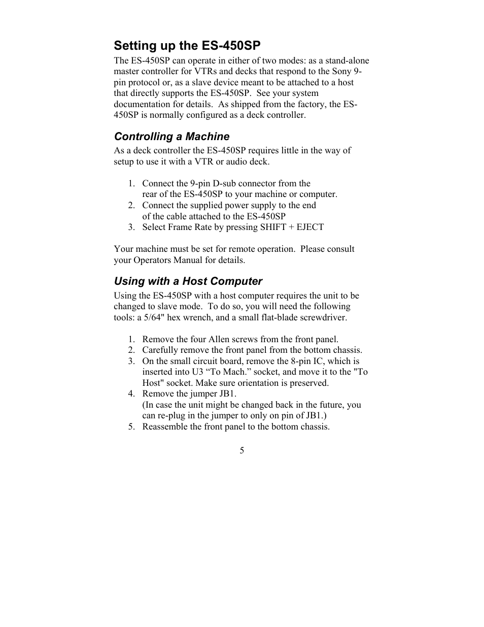 Setting up the es-450sp, Controlling a machine using with a host computer | JLCooper ES-450SP User Manual | Page 5 / 17