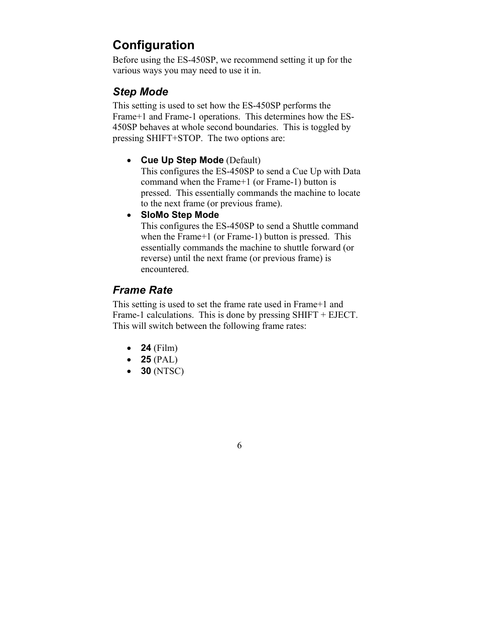 Configuration, Step mode frame rate | JLCooper ES-450SP User Manual | Page 6 / 17