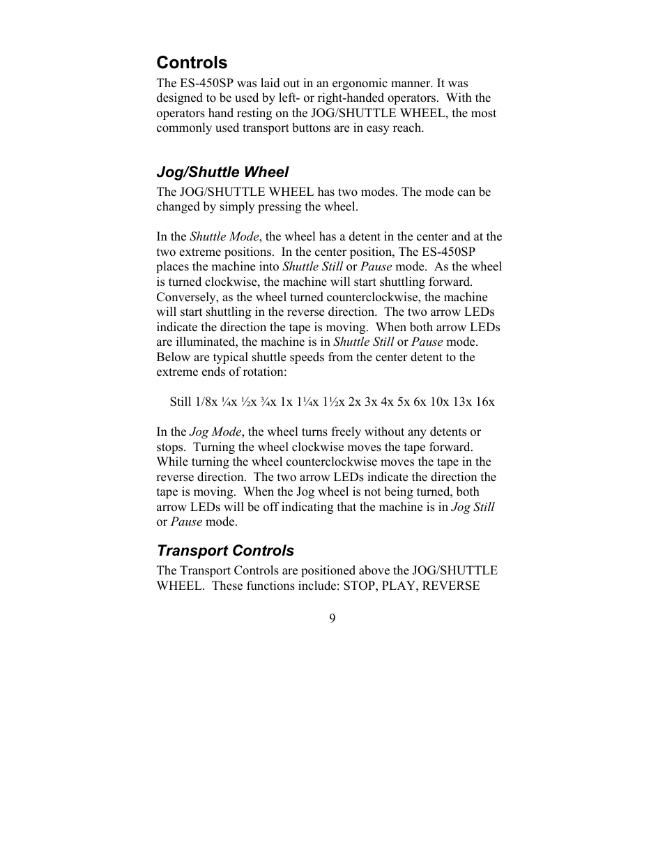 Controls, Jog/shuttle wheel transport controls | JLCooper ES-450SP User Manual | Page 9 / 17