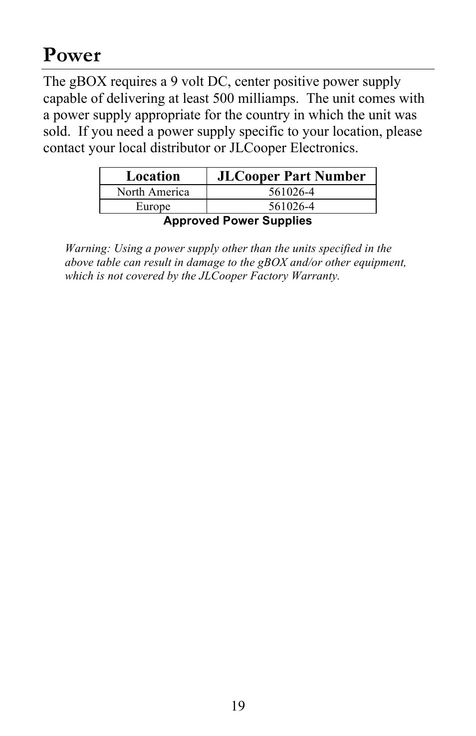 Power | JLCooper gBOX User Manual | Page 19 / 24