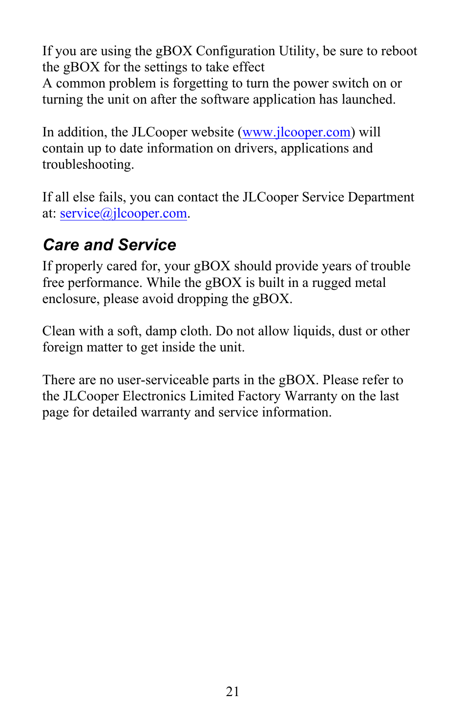 Care and service | JLCooper gBOX User Manual | Page 21 / 24