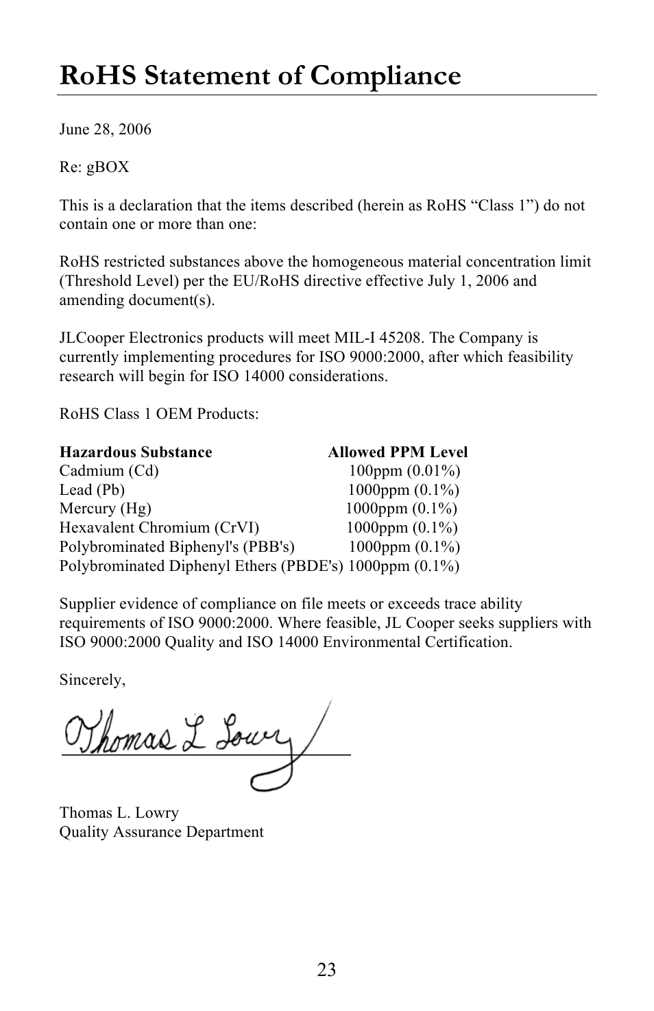 Rohs statement of compliance | JLCooper gBOX User Manual | Page 23 / 24