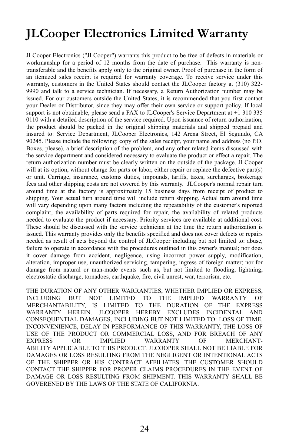 Jlcooper electronics limited warranty | JLCooper gBOX User Manual | Page 24 / 24