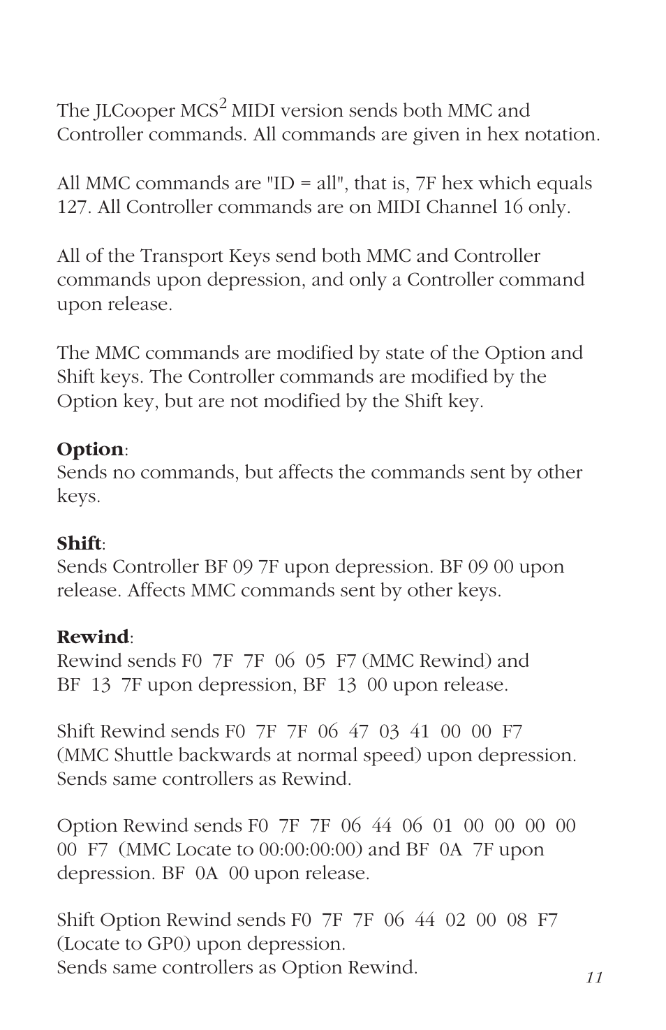 Midi implementation | JLCooper MCS2 MIDI User Manual | Page 11 / 19