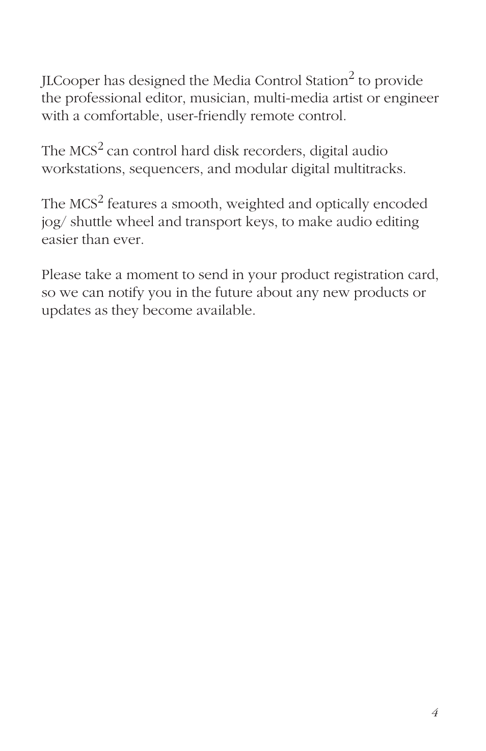 Introduction | JLCooper MCS2 MIDI User Manual | Page 4 / 19