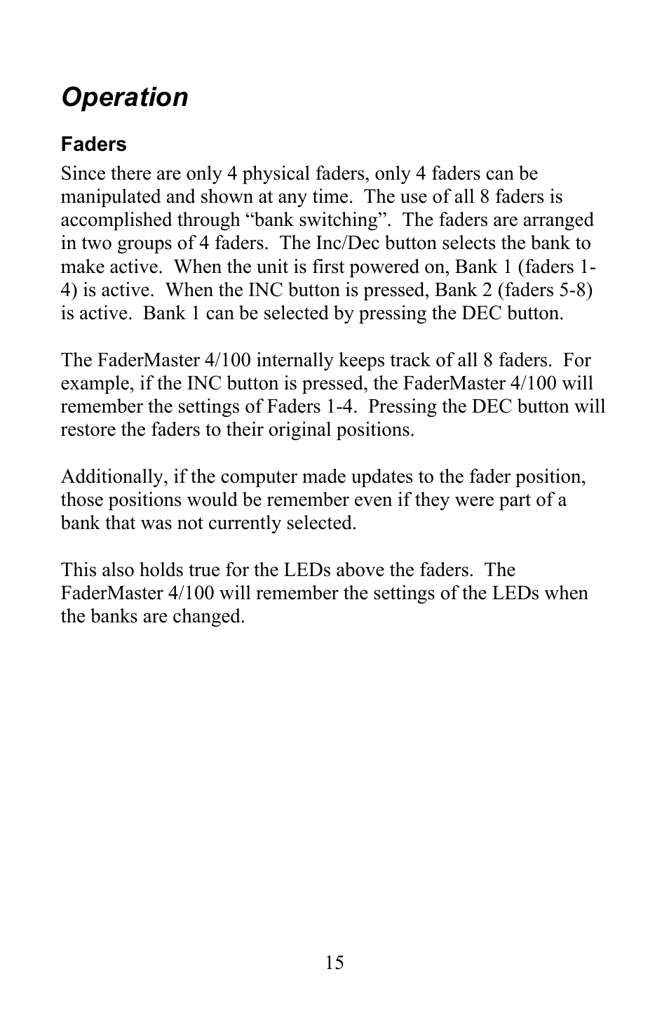 Operation | JLCooper 4/100 USB FaderMaster User Manual | Page 15 / 26