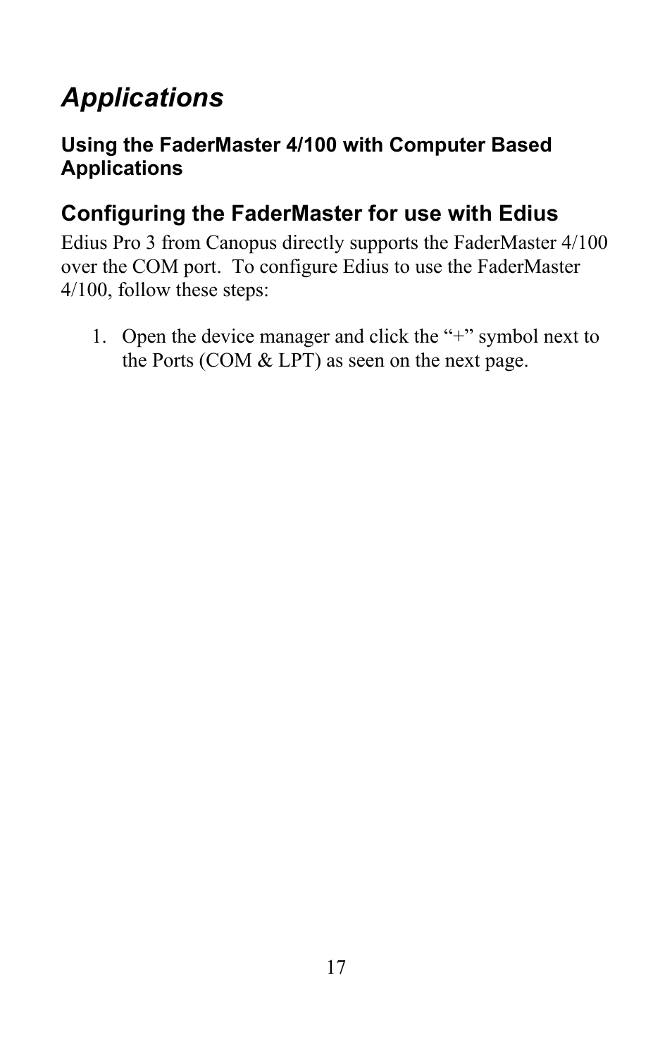 Applications | JLCooper 4/100 USB FaderMaster User Manual | Page 17 / 26