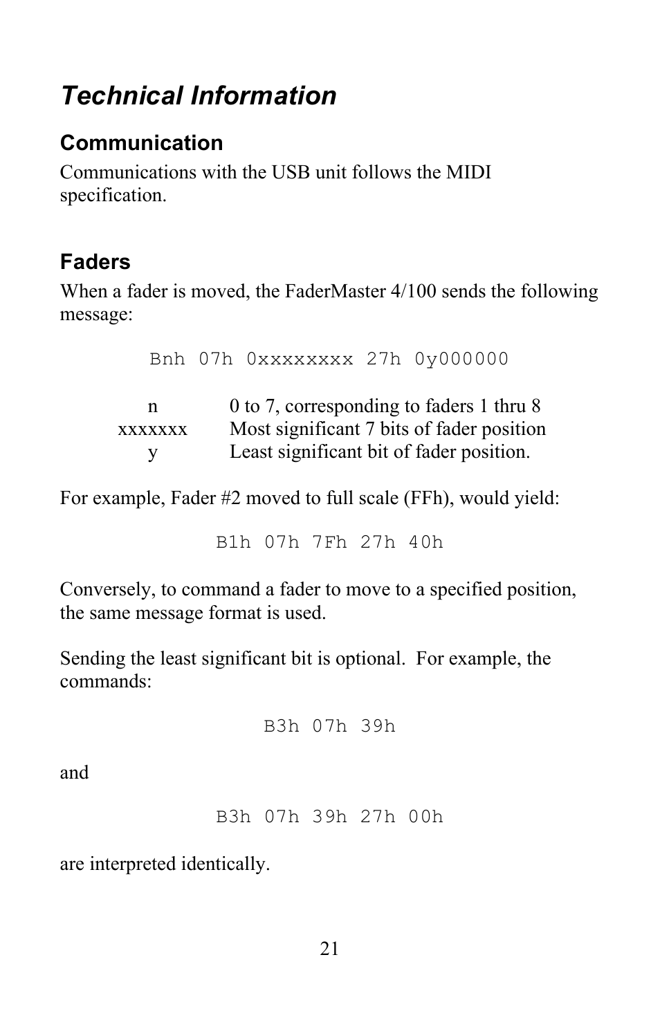 Technical information | JLCooper 4/100 USB FaderMaster User Manual | Page 21 / 26