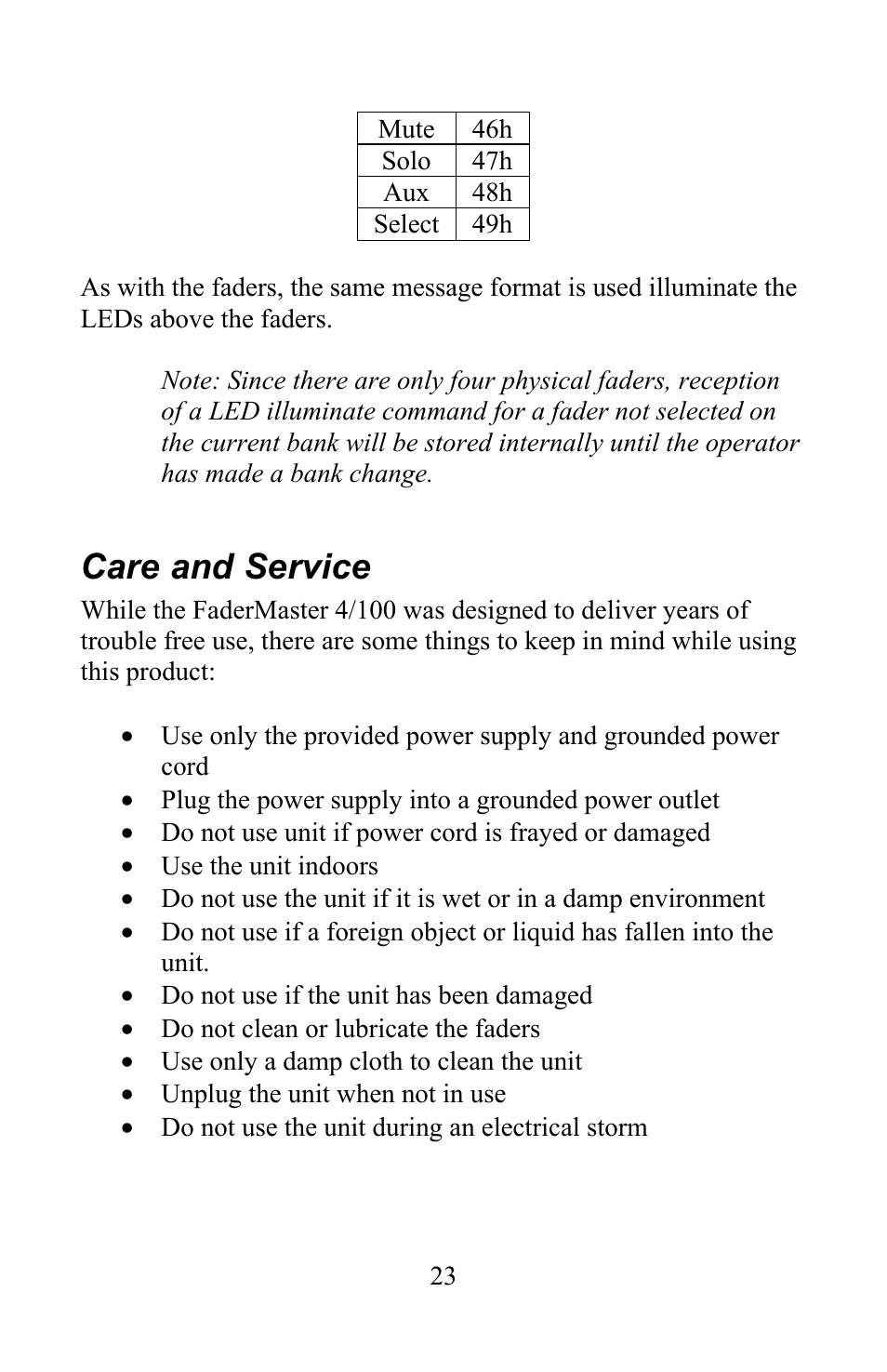 Care and service | JLCooper 4/100 USB FaderMaster User Manual | Page 23 / 26