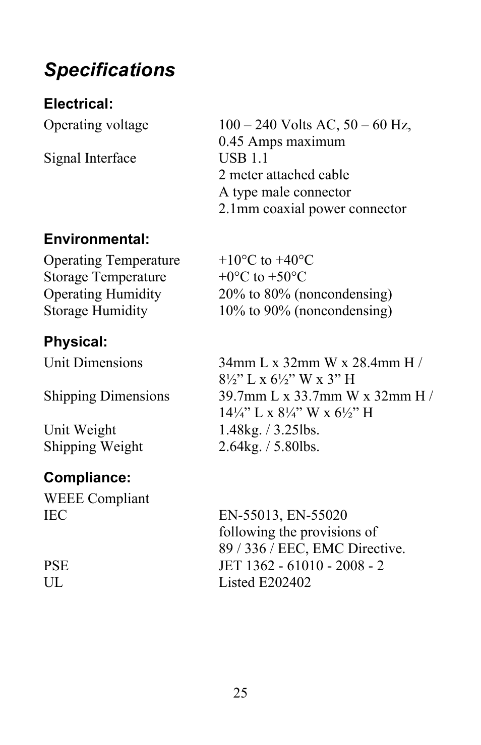 Specifications | JLCooper 4/100 USB FaderMaster User Manual | Page 25 / 26