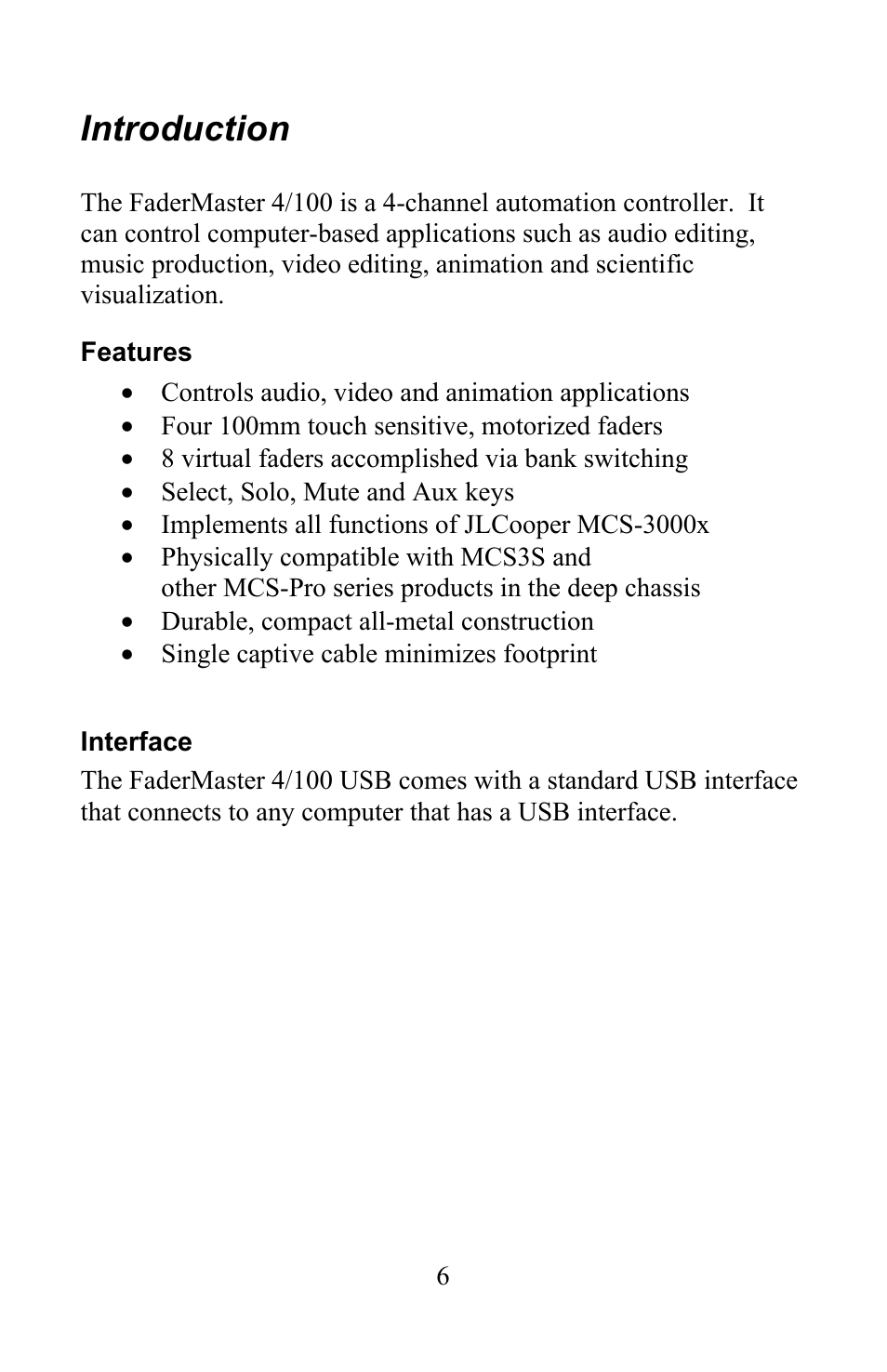 Introduction | JLCooper 4/100 USB FaderMaster User Manual | Page 6 / 26