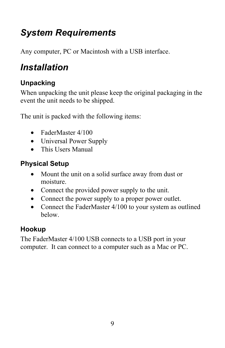 System requirements, Installation | JLCooper 4/100 USB FaderMaster User Manual | Page 9 / 26