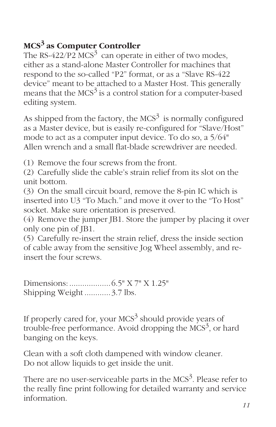 Technical information | JLCooper MCS3 9 Pin User Manual | Page 11 / 12