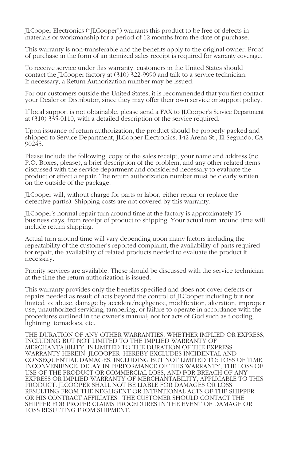 Jlcooper electronics limited factory warranty | JLCooper MCS3 9 Pin User Manual | Page 12 / 12
