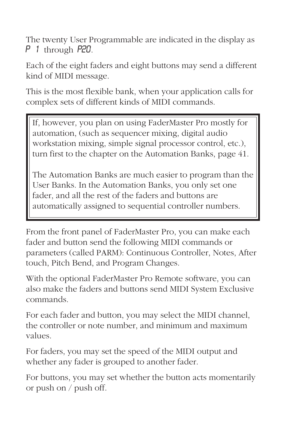 User programmable banks p 1 - p 20 | JLCooper FaderMaster Pro User Manual | Page 18 / 78