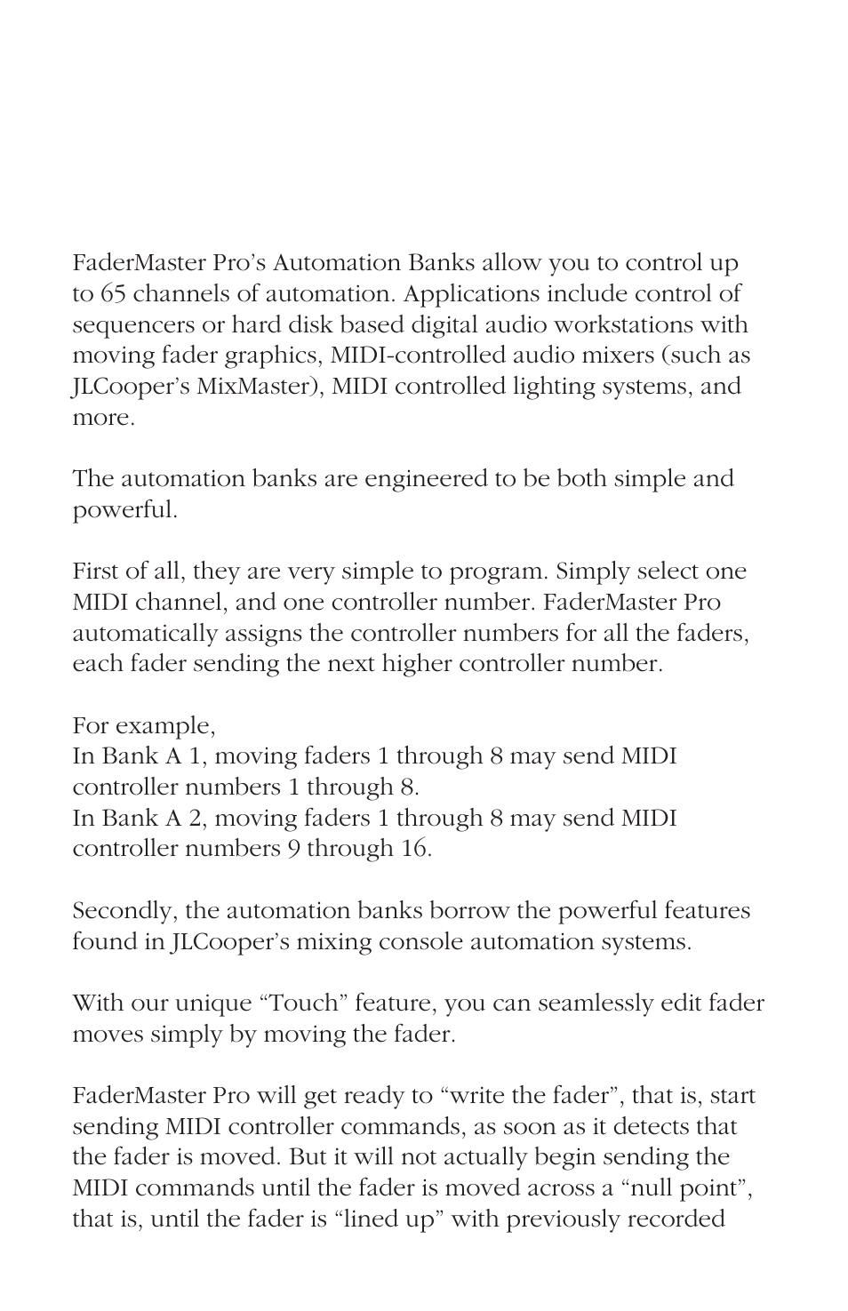 Automation banks a1 through a8, Introduction | JLCooper FaderMaster Pro User Manual | Page 37 / 78