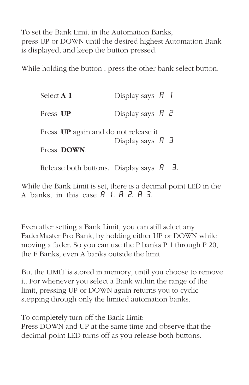 Setting bank limit, Escaping from the bank limit | JLCooper FaderMaster Pro User Manual | Page 40 / 78