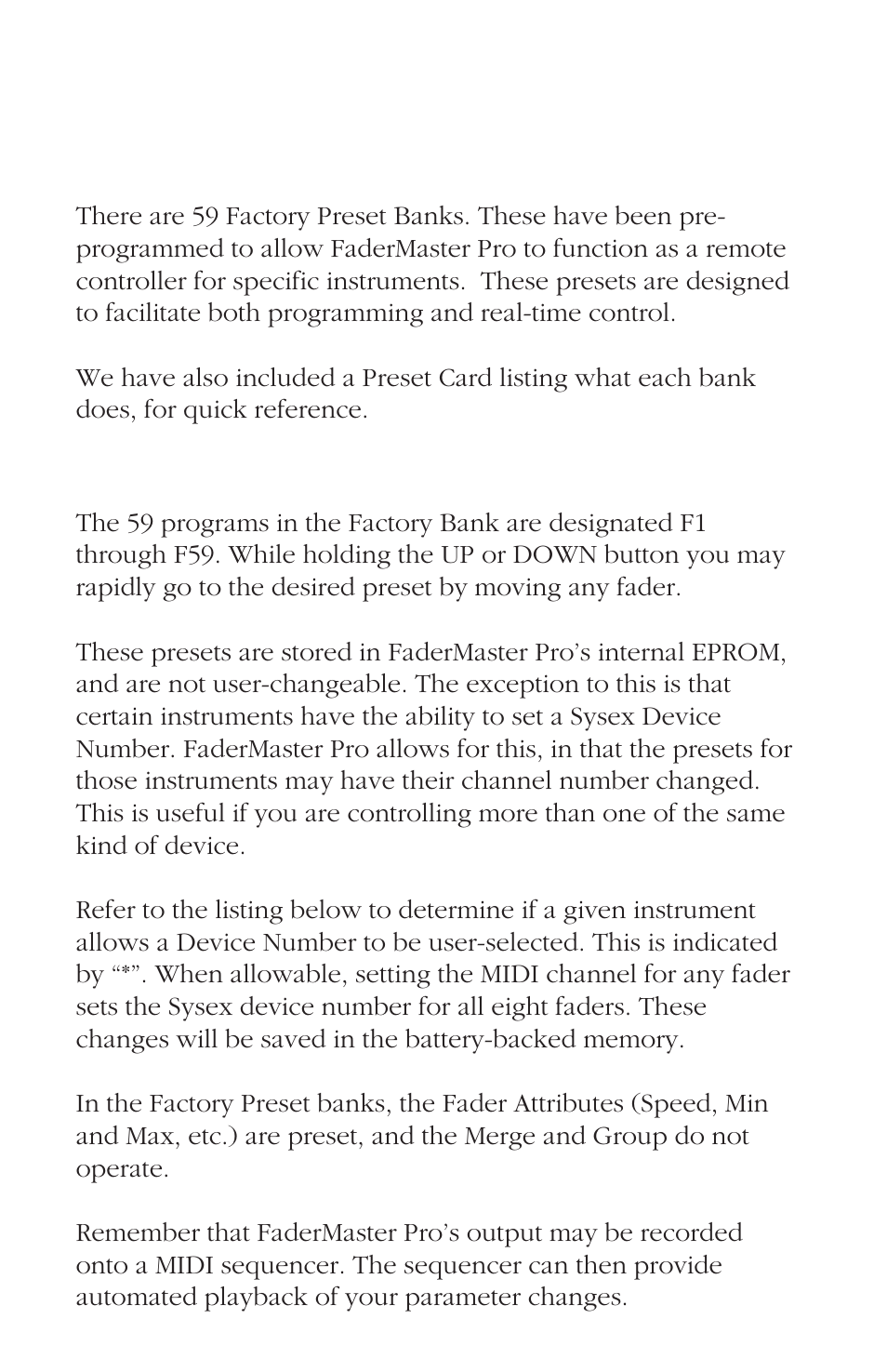 Factory preset banks f1 through f59, Selecting the factory preset banks | JLCooper FaderMaster Pro User Manual | Page 61 / 78