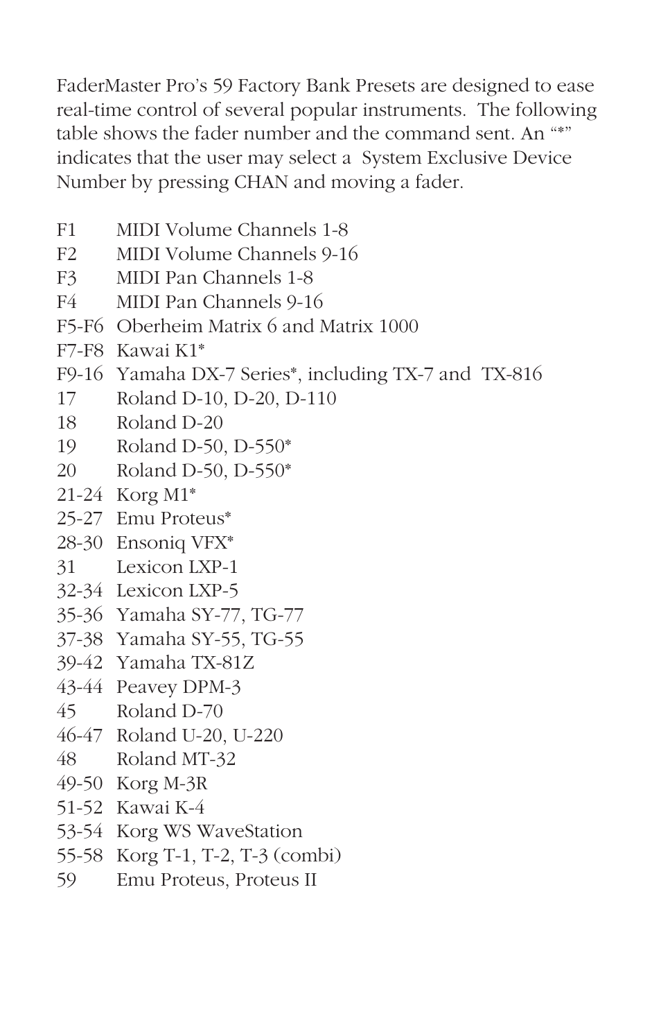 Factory bank presets | JLCooper FaderMaster Pro User Manual | Page 62 / 78