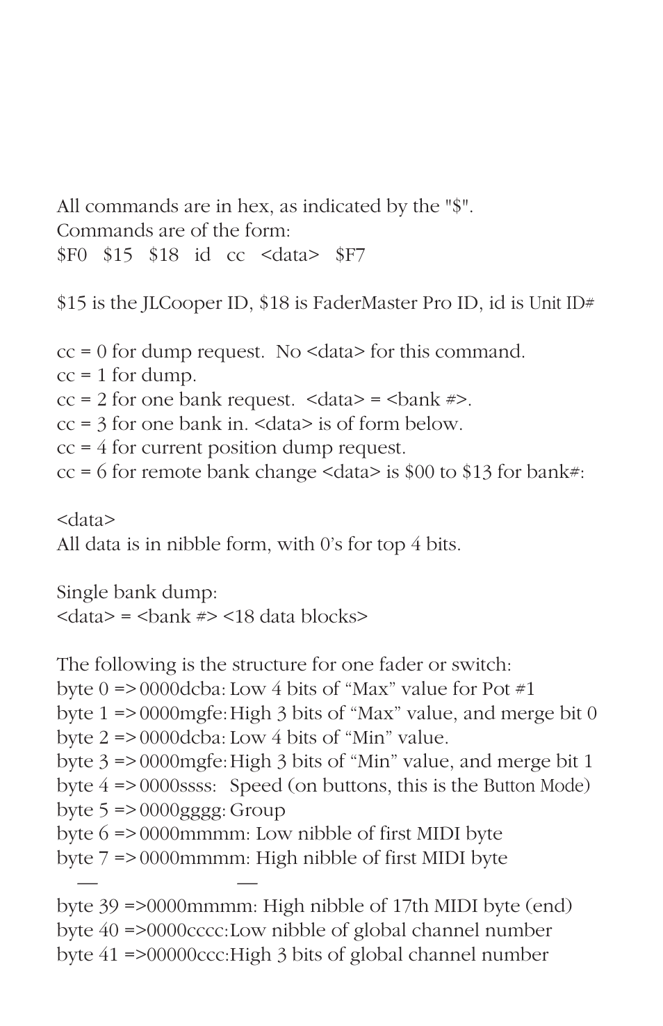 Additional technical information, Sysex implementation | JLCooper FaderMaster Pro User Manual | Page 69 / 78