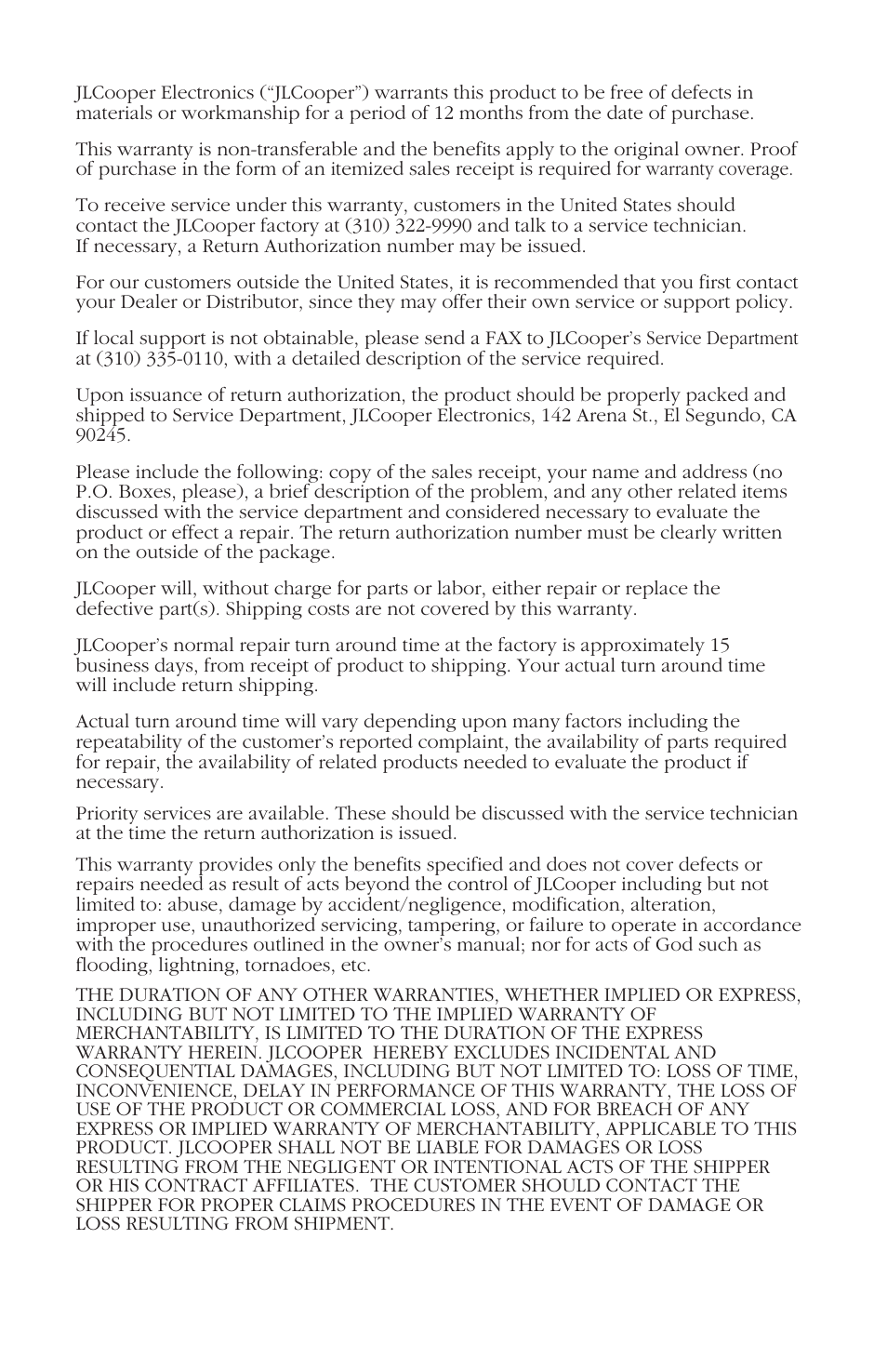 Jlcooper electronics limited factory warranty | JLCooper FaderMaster Pro User Manual | Page 78 / 78