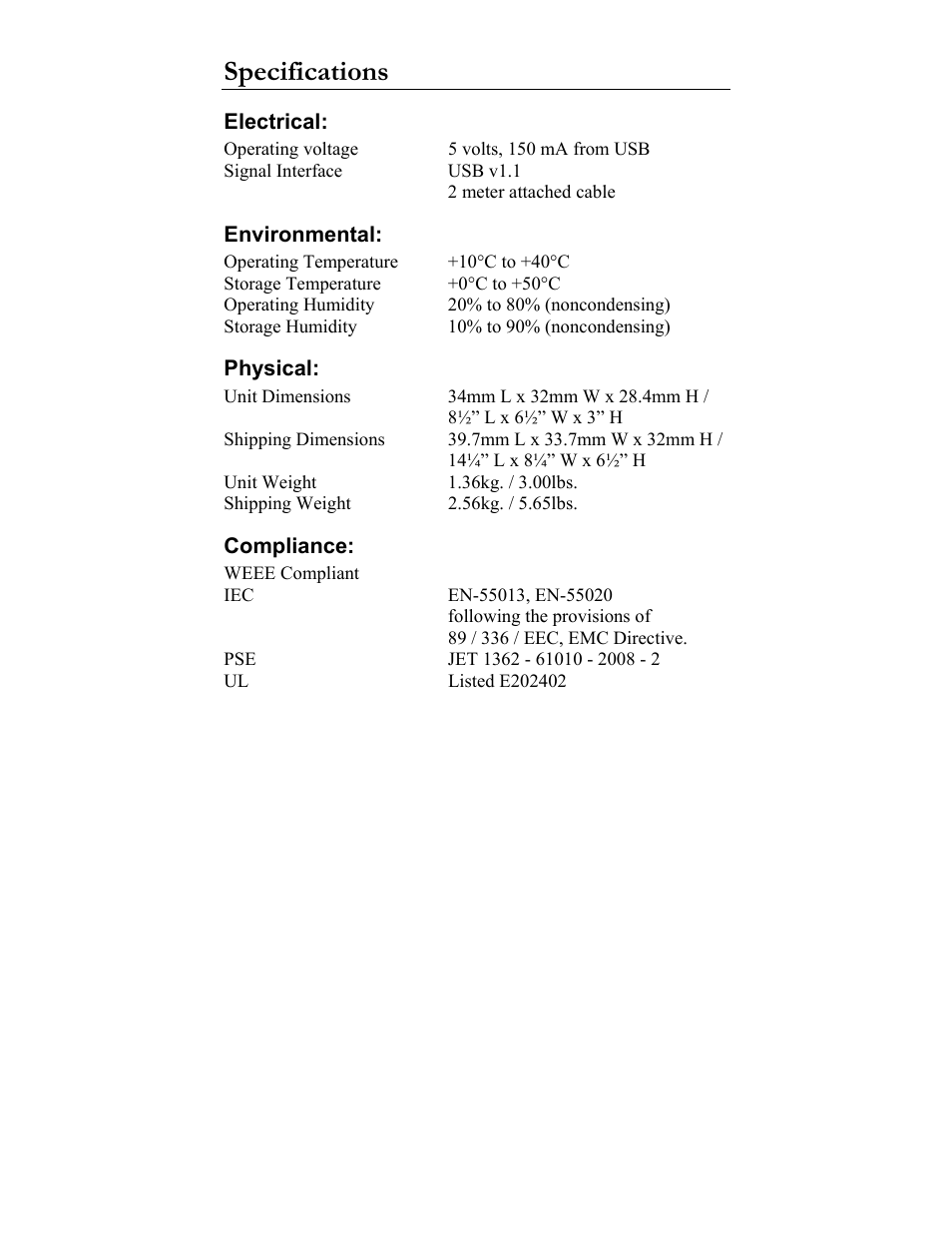 Specifications | JLCooper MCS3SP-USB User Manual | Page 3 / 4