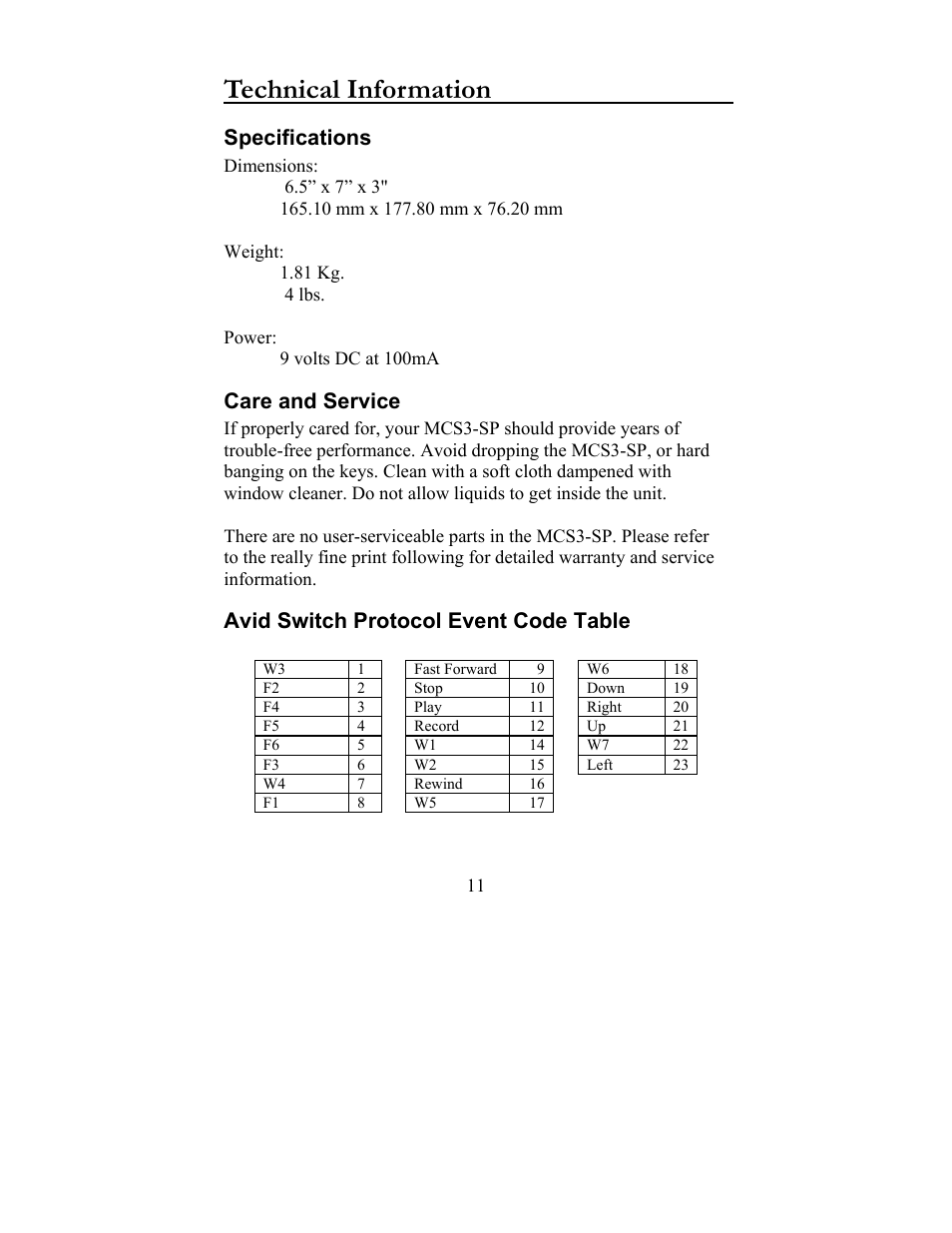 Technical information, Specifications, Care and service | Avid switch protocol event code table | JLCooper MCS3-SP-RS422 User Manual | Page 11 / 15