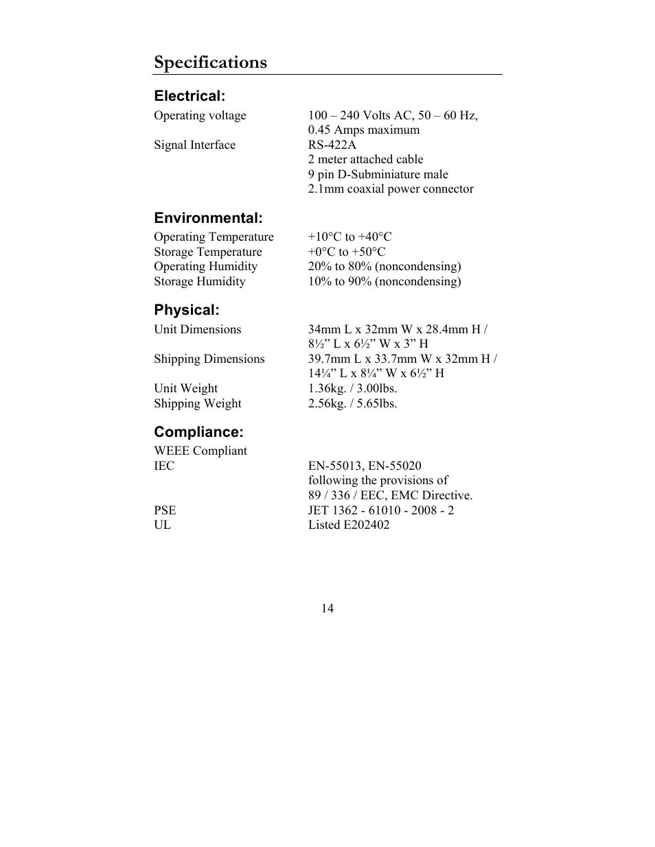 Specifications, Electrical, Environmental | Physical, Compliance, Electrical: environmental: physical: compliance | JLCooper MCS3-SP-RS422 User Manual | Page 14 / 15