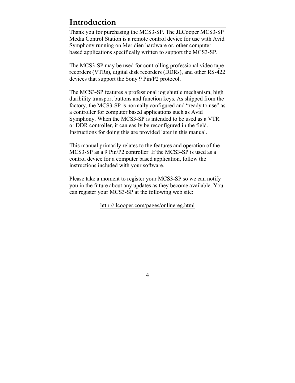 Introduction | JLCooper MCS3-SP-RS422 User Manual | Page 4 / 15