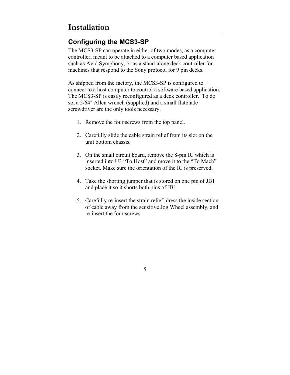 Installation, Configuring the mcs3-sp | JLCooper MCS3-SP-RS422 User Manual | Page 5 / 15