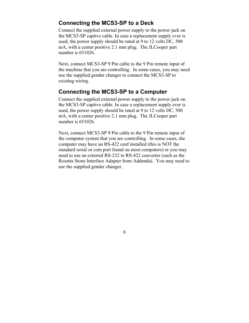 Connecting the mcs3-sp to a deck, Connecting the mcs3-sp to a computer | JLCooper MCS3-SP-RS422 User Manual | Page 6 / 15