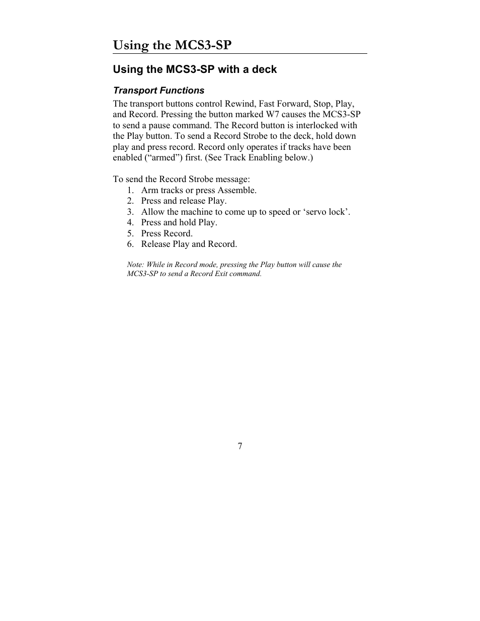 Using the mcs3-sp, Using the mcs3-sp with a deck, Transport functions | JLCooper MCS3-SP-RS422 User Manual | Page 7 / 15