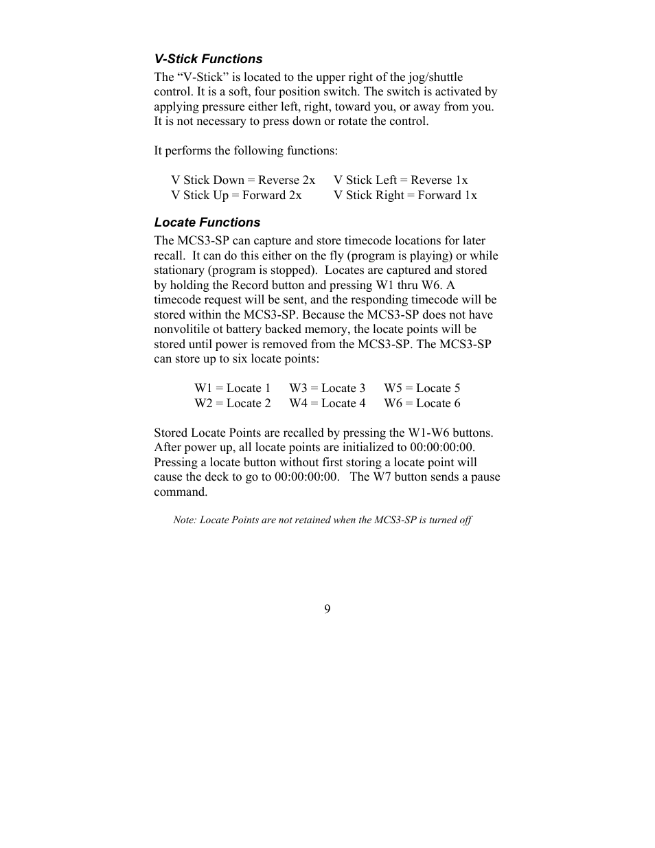 V-stick functions, Locate functions, V-stick functions locate functions | JLCooper MCS3-SP-RS422 User Manual | Page 9 / 15