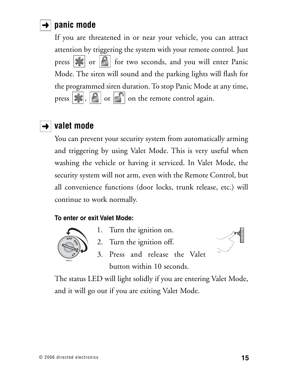 Panic mode, Valet mode | CLIFFORD Matrix 12 User Manual | Page 20 / 47