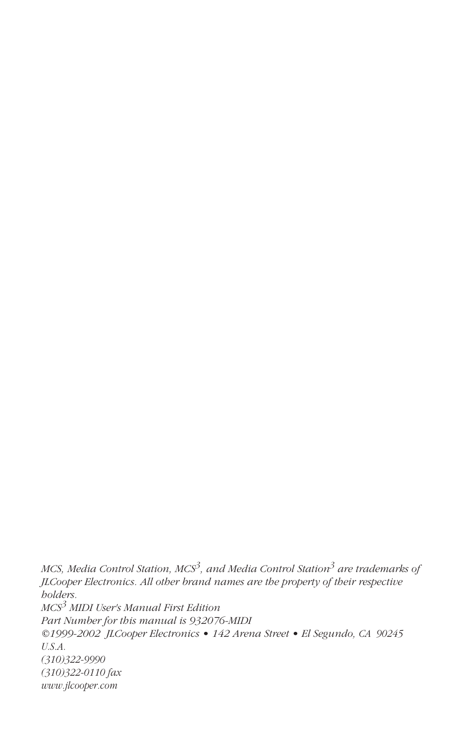 JLCooper MCS3 MIDI User Manual | Page 2 / 12