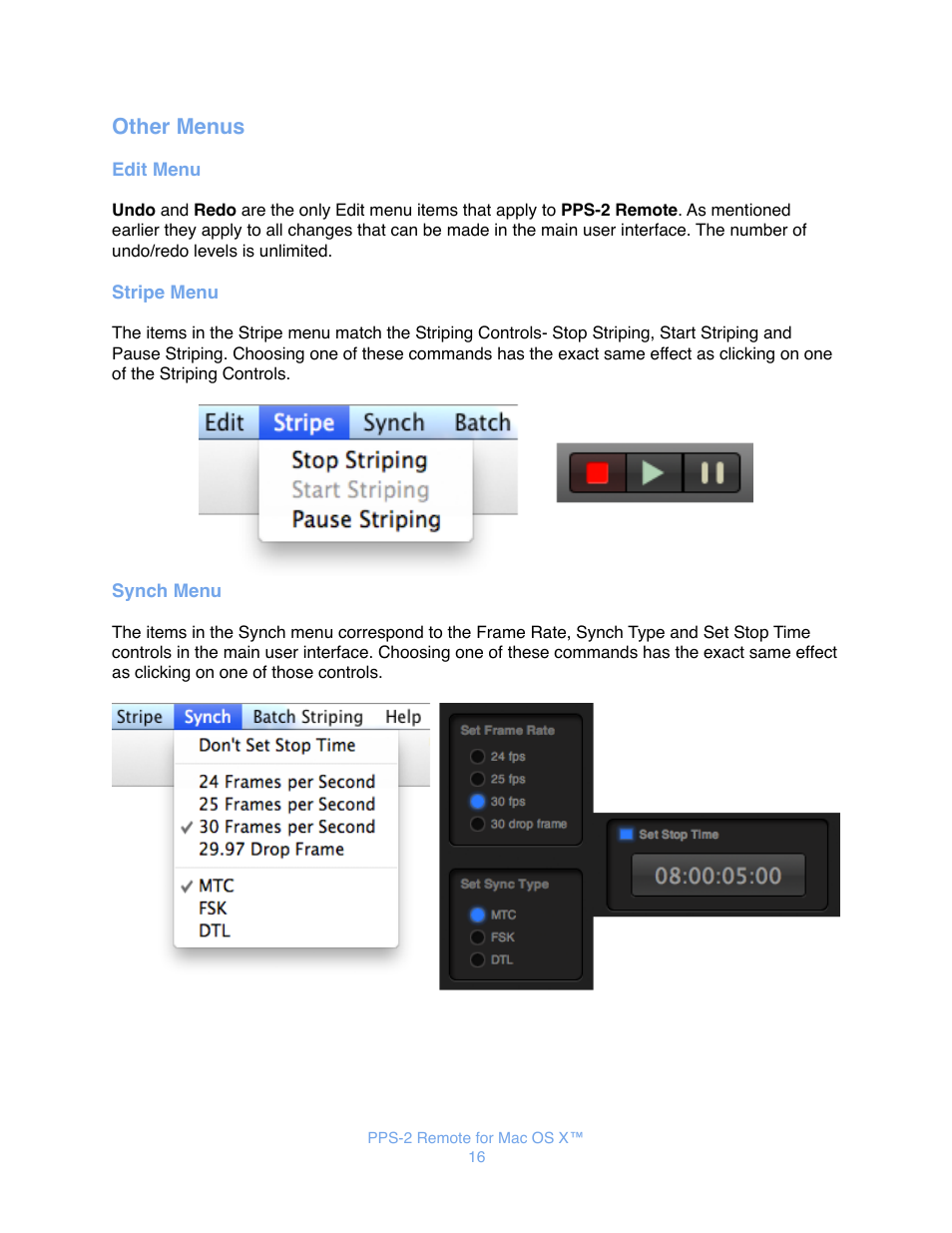 Other menus, Edit menu, Stripe menu | Synch menu | JLCooper PPS-2 Remote for Mac OS X User Manual | Page 18 / 19