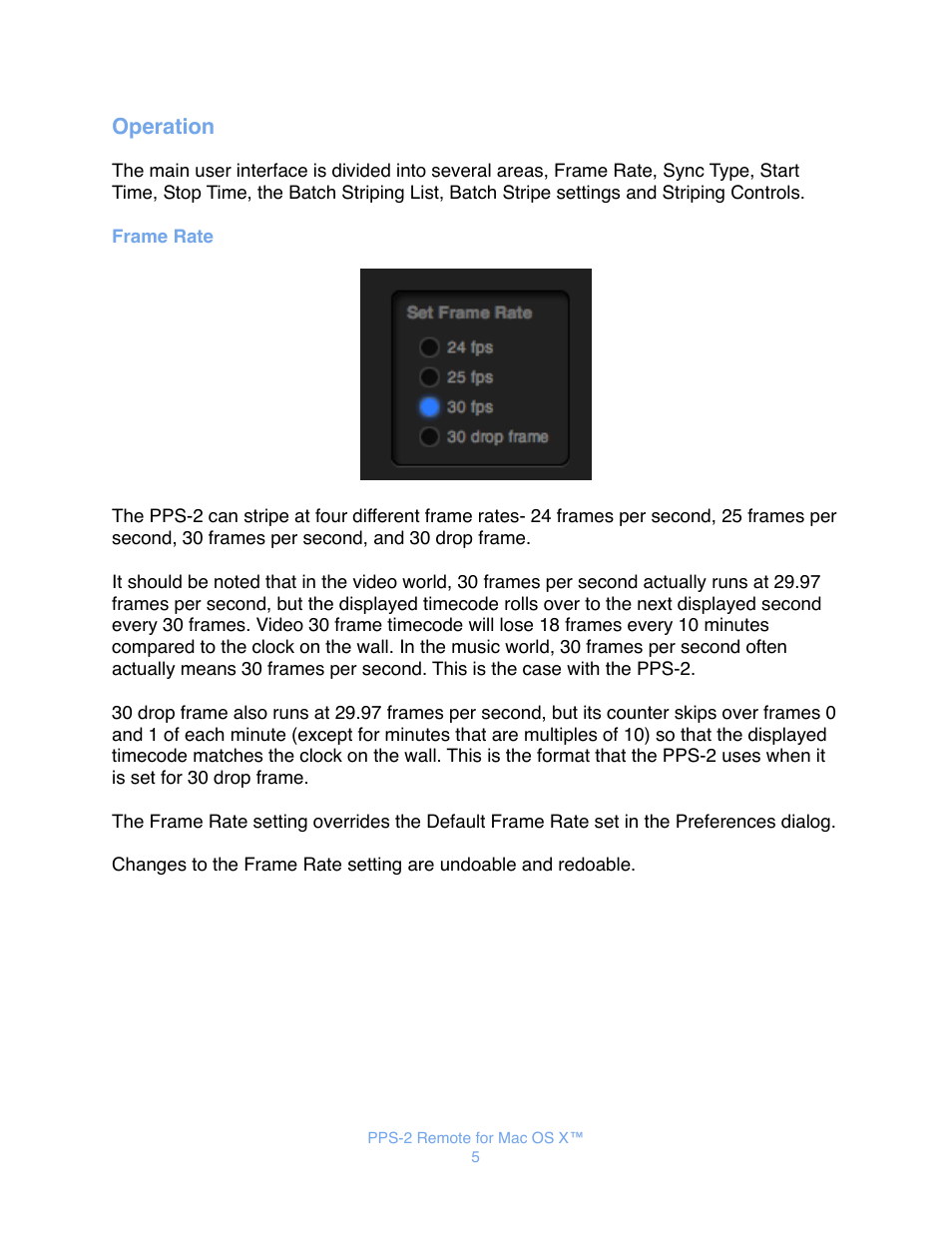 Operation, Frame rate | JLCooper PPS-2 Remote for Mac OS X User Manual | Page 7 / 19