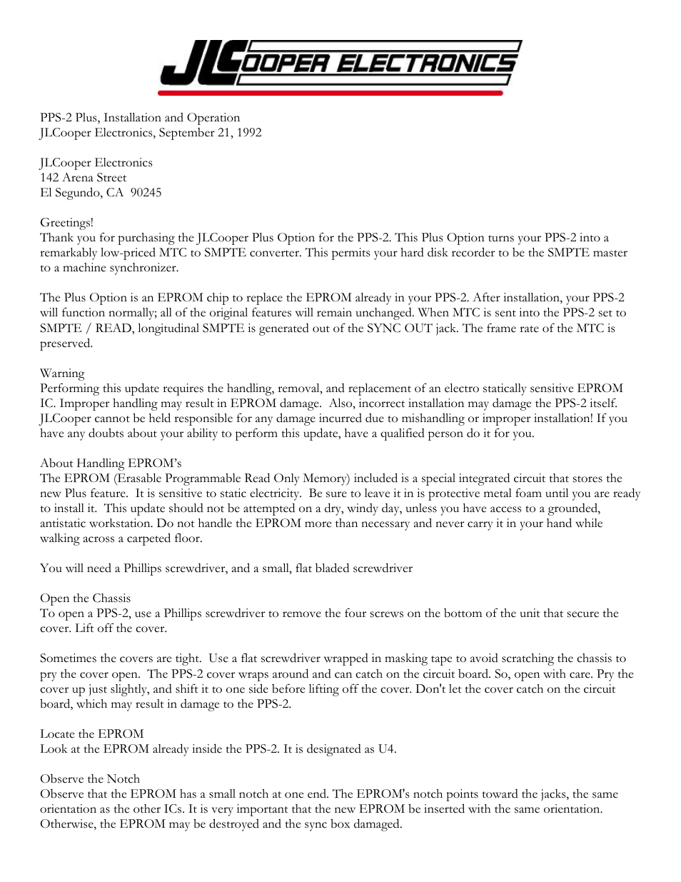 JLCooper PPS-2Plus User Manual | 2 pages