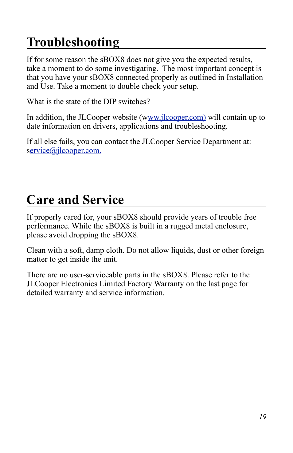 Troubleshooting, Care and service | JLCooper sBOX8D User Manual | Page 19 / 20