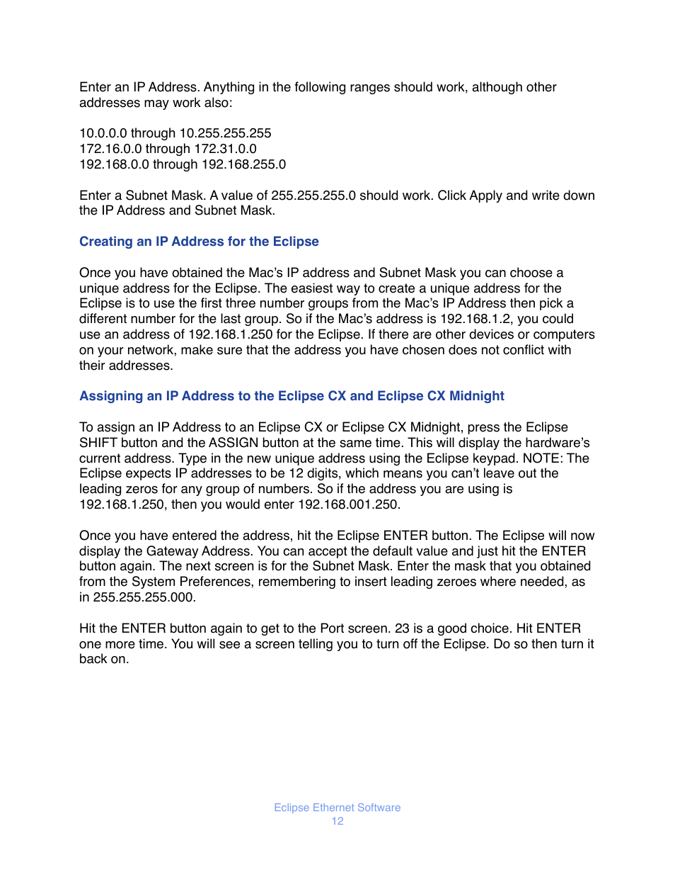 Reating an, Ddress for the, Clipse | Ssigning an, Ddress to the, Idnight | JLCooper Eclipse Ethernet 2.6 for OSX User Manual | Page 15 / 134