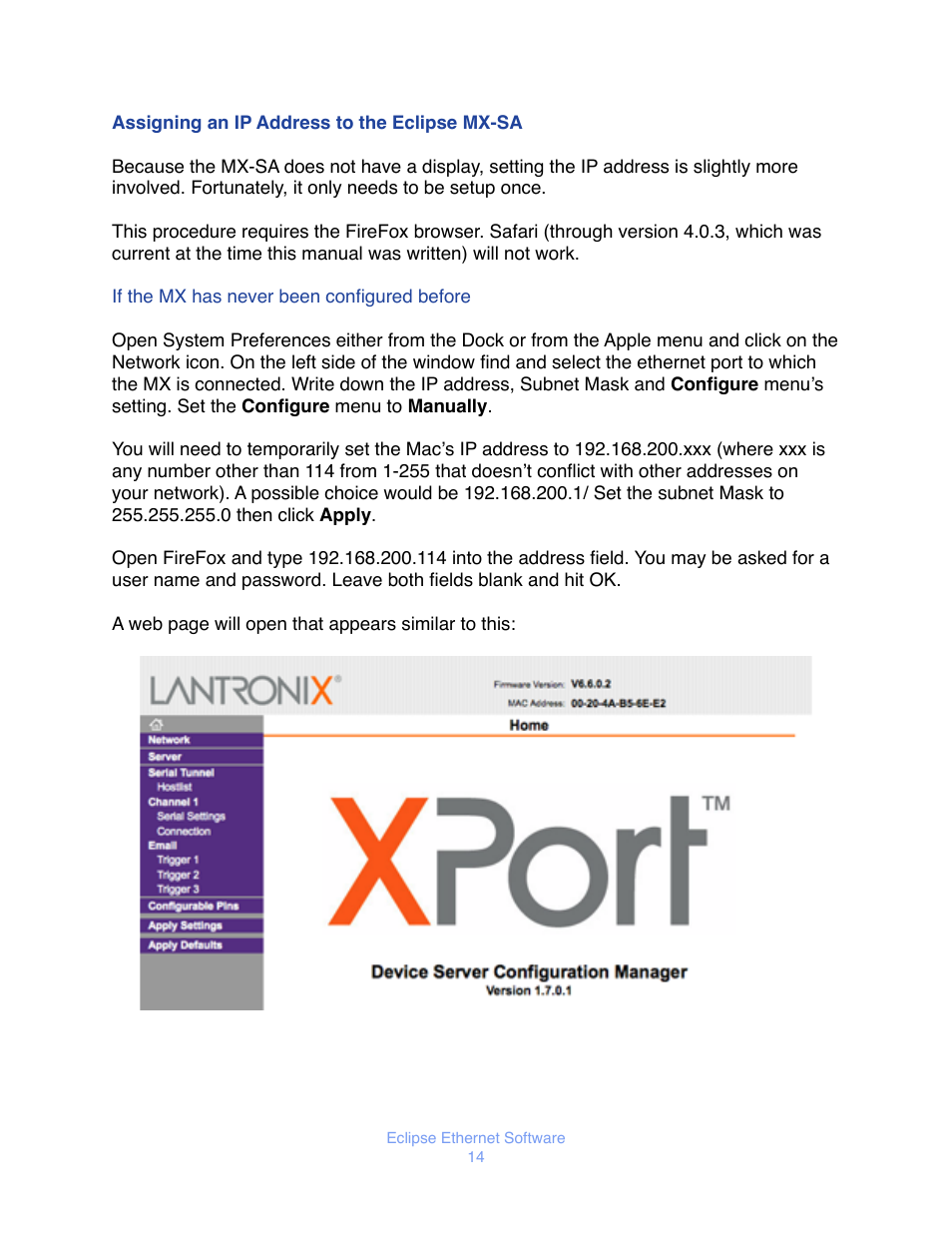 Ssigning an, Ddress to the, Clipse | Mx-sa, F the, Has never been configured before | JLCooper Eclipse Ethernet 2.6 for OSX User Manual | Page 17 / 134