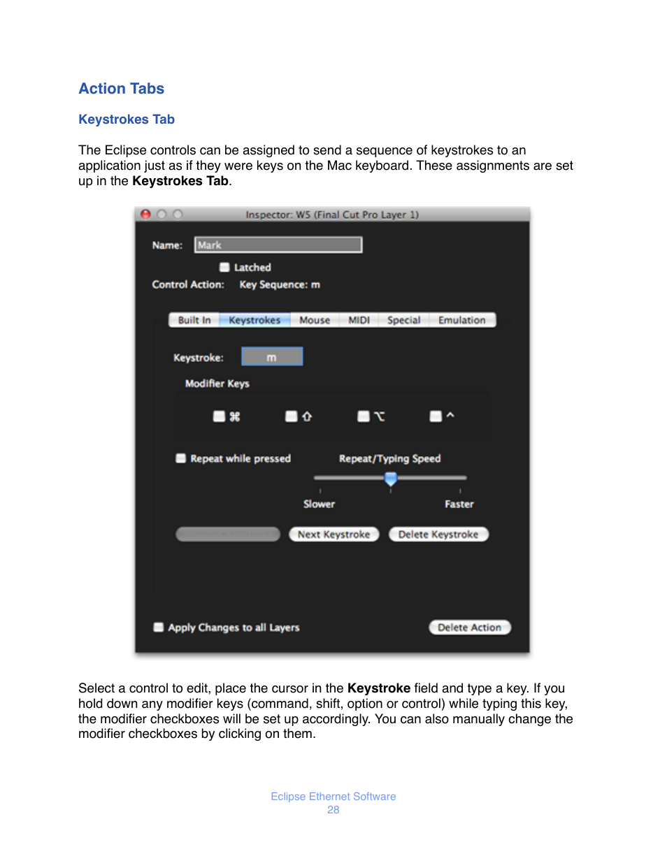 Action tabs, Eystrokes | JLCooper Eclipse Ethernet 2.6 for OSX User Manual | Page 31 / 134