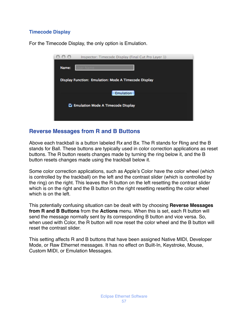 Imecode, Isplay, Reverse messages from r and b buttons | JLCooper Eclipse Ethernet 2.6 for OSX User Manual | Page 60 / 134
