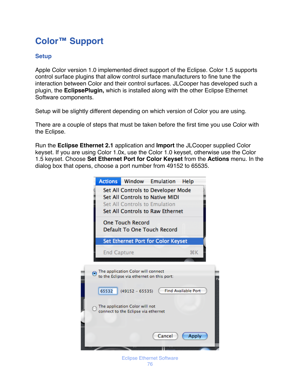 Color™ support, Etup | JLCooper Eclipse Ethernet 2.6 for OSX User Manual | Page 79 / 134