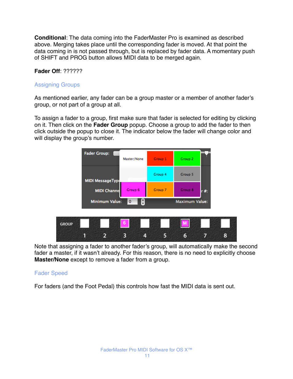 Assigning groups, Fader speed | JLCooper FaderMaster Pro MIDI for OS X User Manual | Page 13 / 20