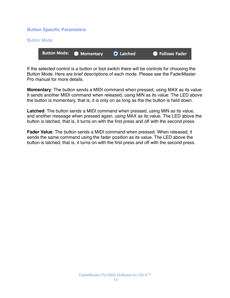 Button specific parameters, Button mode | JLCooper FaderMaster Pro MIDI for OS X User Manual | Page 14 / 20
