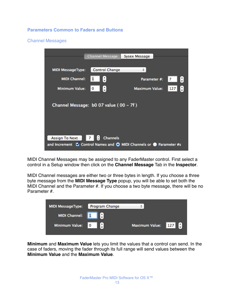 Parameters common to faders and buttons, Channel messages | JLCooper FaderMaster Pro MIDI for OS X User Manual | Page 15 / 20