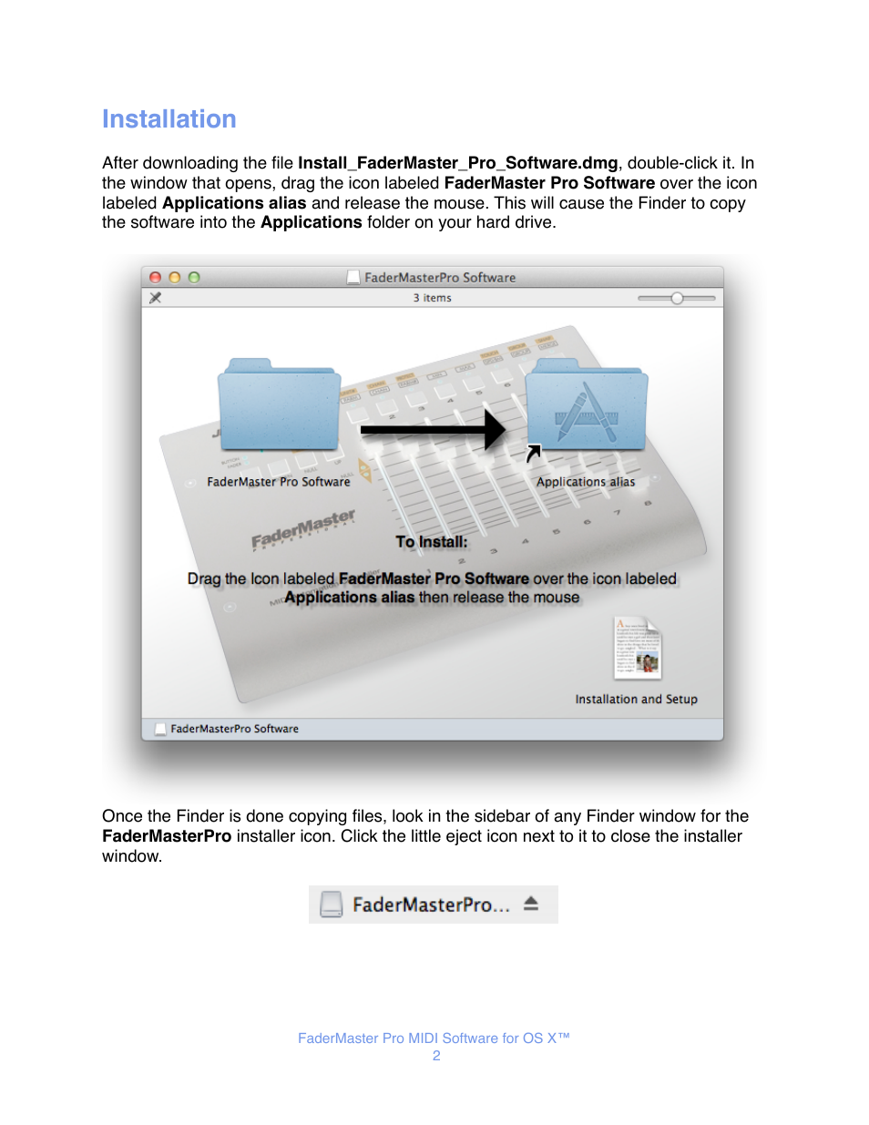 Installation | JLCooper FaderMaster Pro MIDI for OS X User Manual | Page 4 / 20